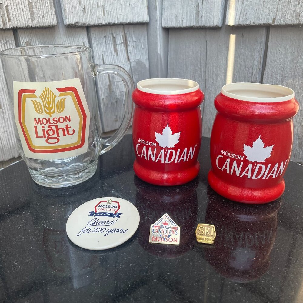 Vtg Molson Lot Light Beer Glass Two Canada Koozies Button & Ski Pin